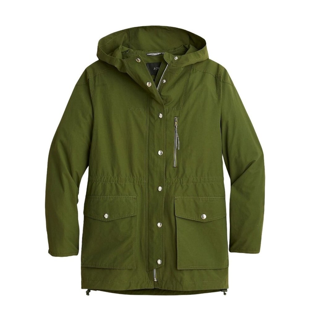 NWOT J. Crew Relaxed perfect lightweight jacket raincoat hooded BF450 Green XXS
